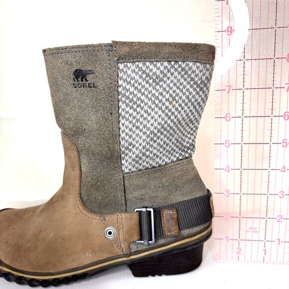 SOREL Boots Womens 7 Slimshortie Winter Waterproof Leather Felt Casual Tan Grey - Picture 15 of 15
